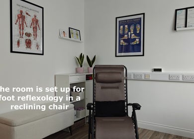 Reflexology room with reclining chair at LGholistic complementary and physical therapies clinic, Limerick, County Limerick, IE.