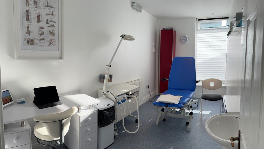 Modern treatment room at Blackrock Podiatry Clinic in Dundalk, County Louth, IE, featuring a reclining chair.