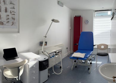 Modern treatment room at Blackrock Podiatry Clinic in Dundalk, County Louth, IE, featuring a reclining chair.