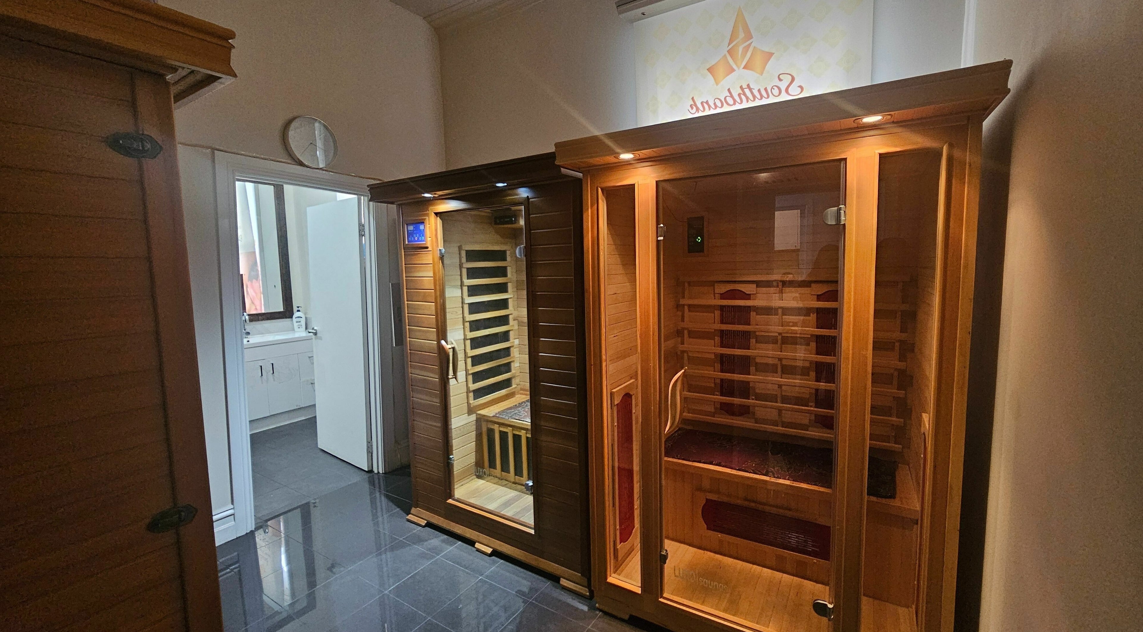 Cozy sauna cabins at Southbank Thai Massage and Sauna, Melbourne, Victoria, AU, offering relaxation.