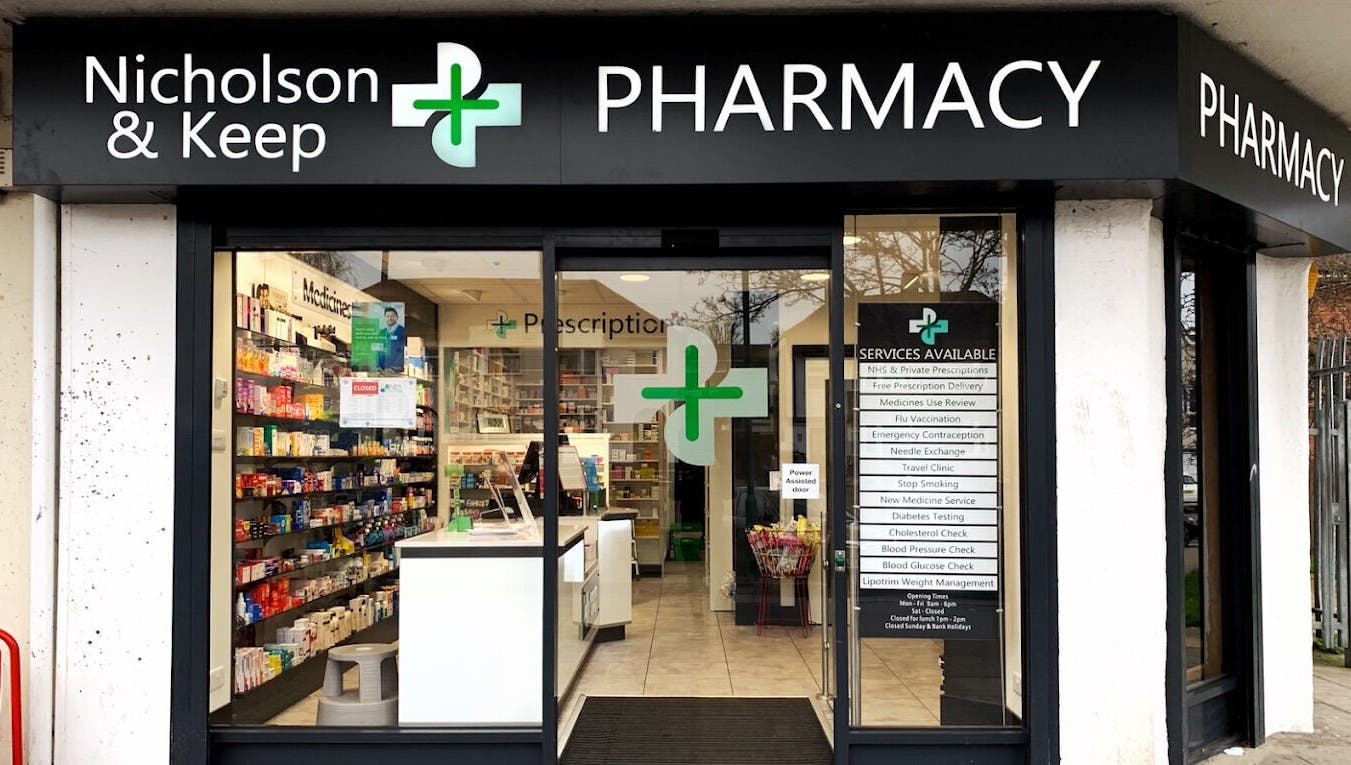 Front view of MP Skinthetics - Nicholson & Keep Pharmacy in Gravesend, England, GB offering wellness products.