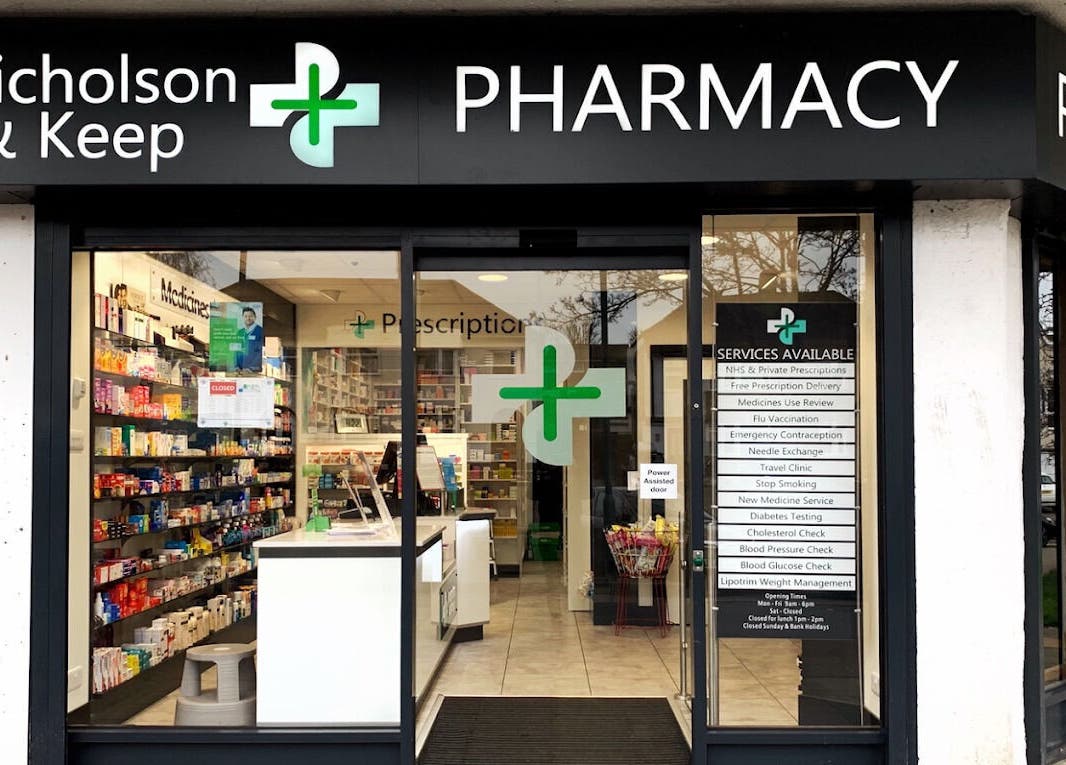 Front view of MP Skinthetics - Nicholson & Keep Pharmacy in Gravesend, England, GB offering wellness products.