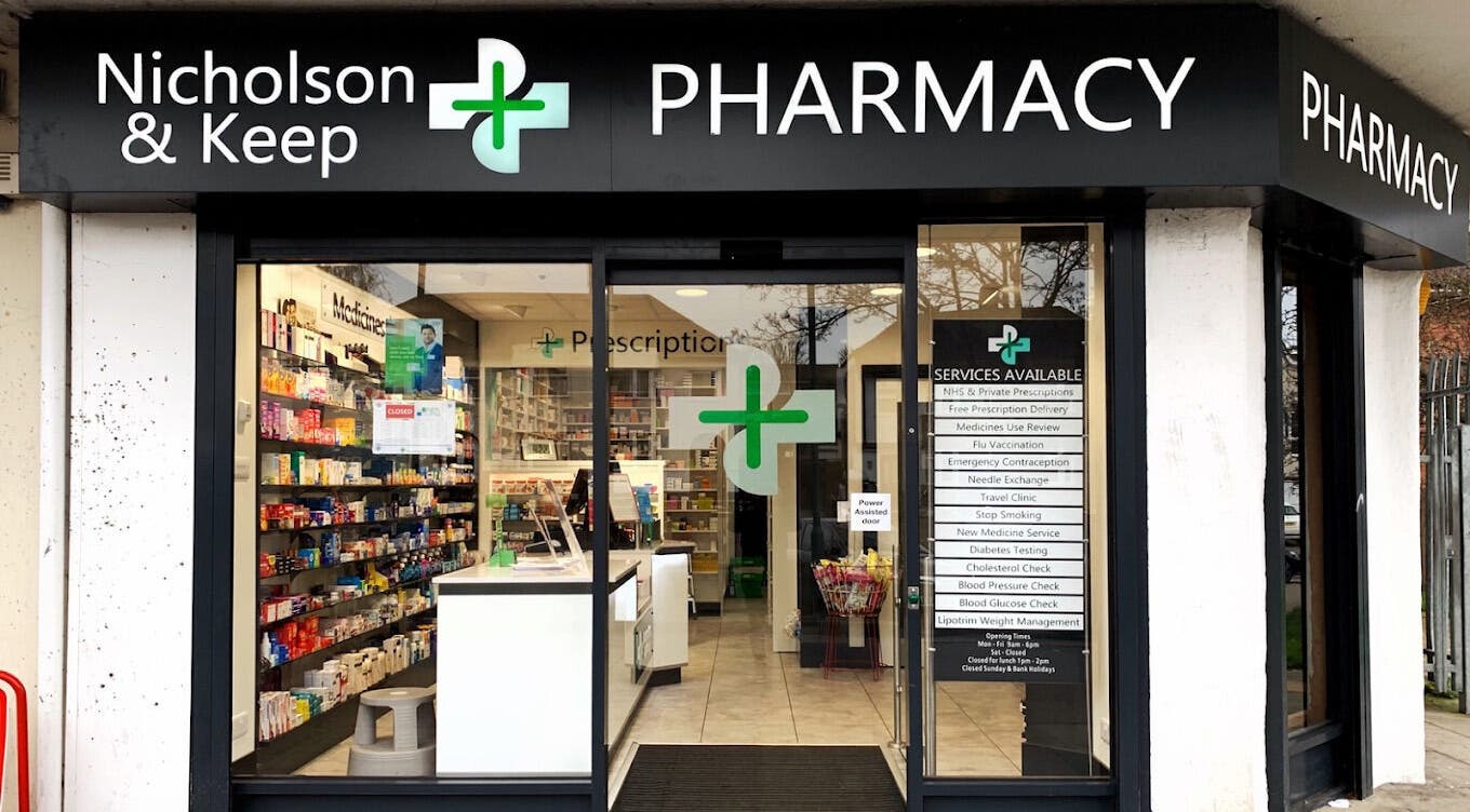 MP Skinthetics - Nicholson & Keep Pharmacy entrance in Gravesend, England, GB, offering health and wellness services.