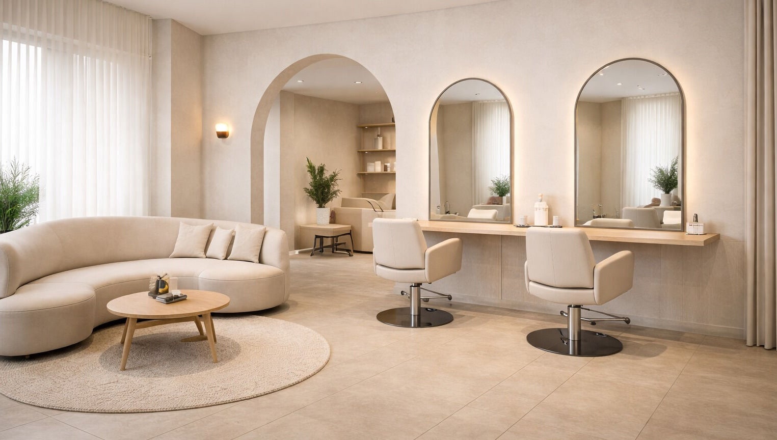 Κομψό σαλόνι Hair στην Κηφισιά, GR με καρέκλες καθρέφτες και καναπέ.