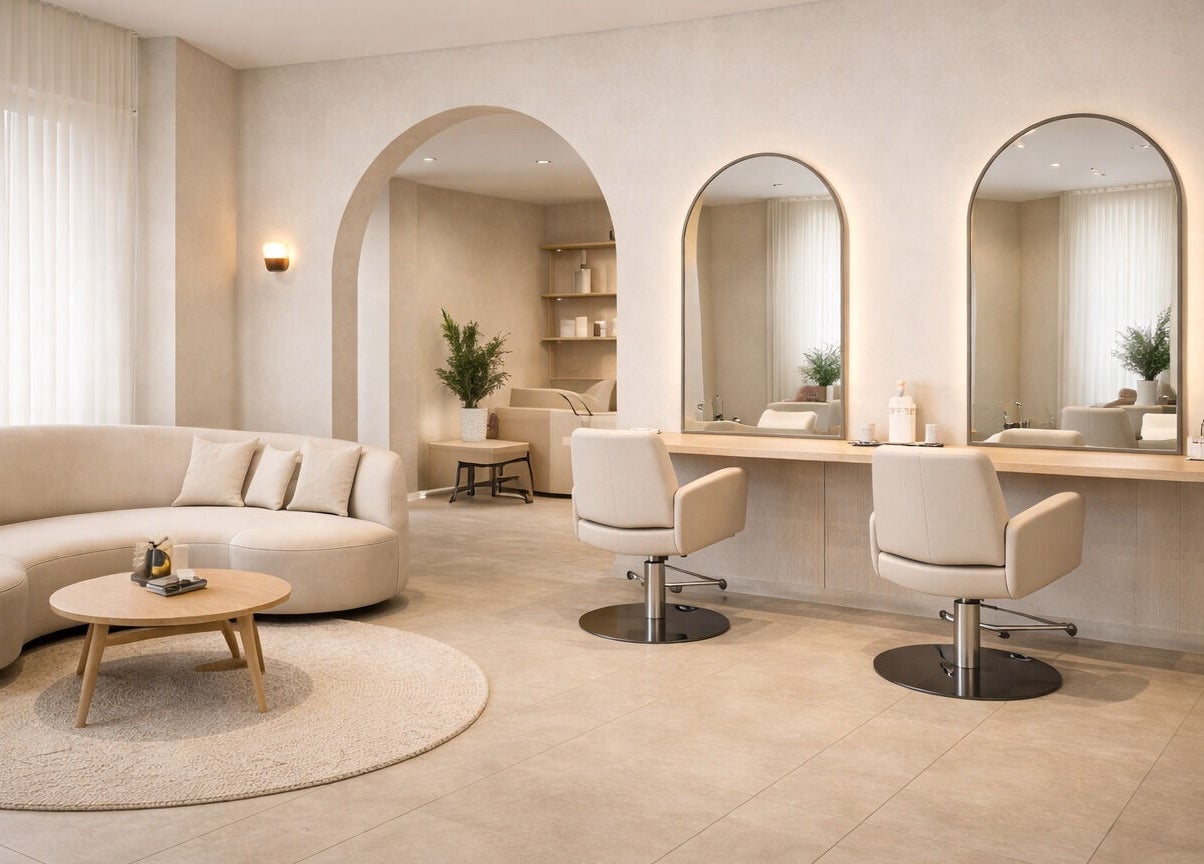 Κομψό σαλόνι Hair στην Κηφισιά, GR με καρέκλες καθρέφτες και καναπέ.