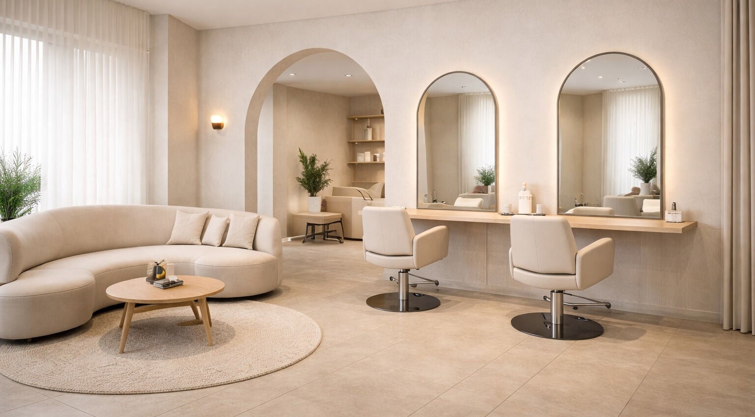 Κομψό σαλόνι Hair στην Κηφισιά, GR με καρέκλες καθρέφτες και καναπέ.