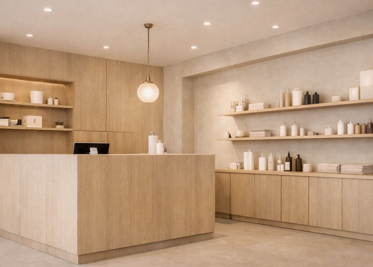 Καλαίσθητη υποδοχή της Hair στην Κηφισιά, GR με ξύλινη διακόσμηση και κομψά προϊόντα.