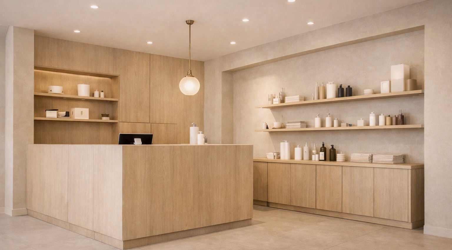 Καλαίσθητη υποδοχή της Hair στην Κηφισιά, GR με ξύλινη διακόσμηση και κομψά προϊόντα.