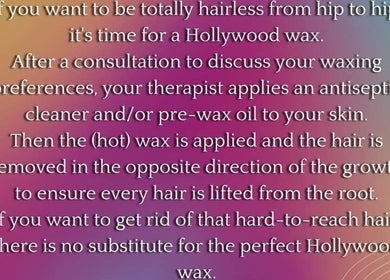 Text explaining Hollywood waxing services at Pupa Beauty Body Treatments, Weeting, England, GB.