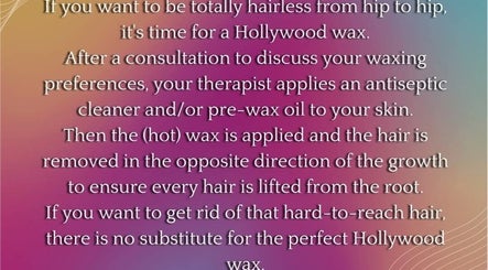 Text explaining Hollywood waxing services at Pupa Beauty Body Treatments, Weeting, England, GB.