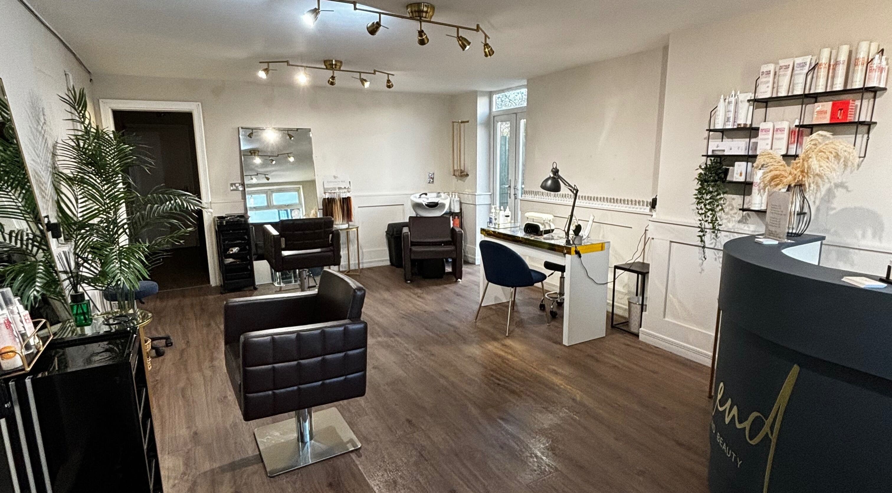 Blend Beyond Beauty salon interior at Baldwin's Gate, England, with chic decor and modern styling stations.