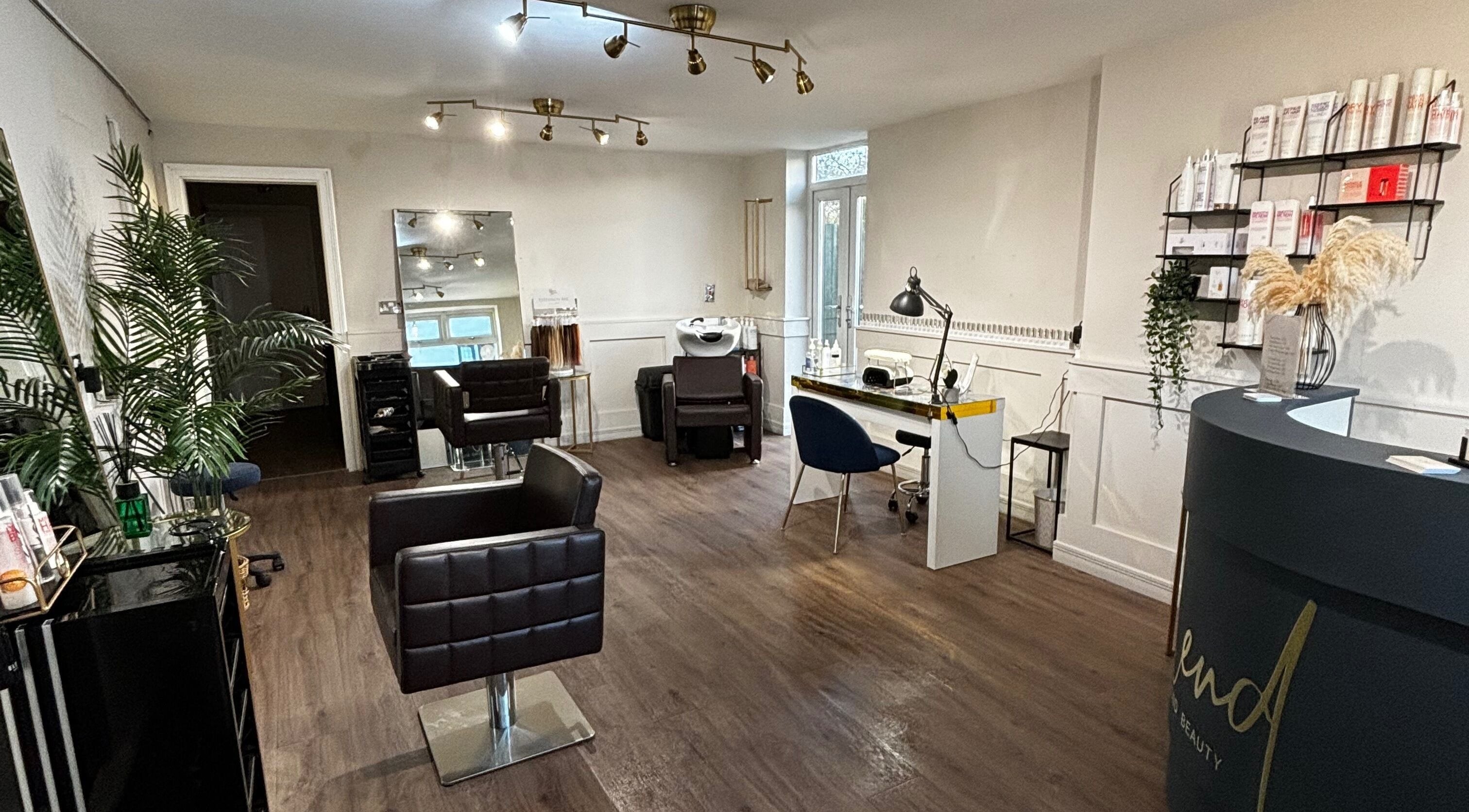 Blend Beyond Beauty salon interior at Baldwin's Gate, England, with chic decor and modern styling stations.