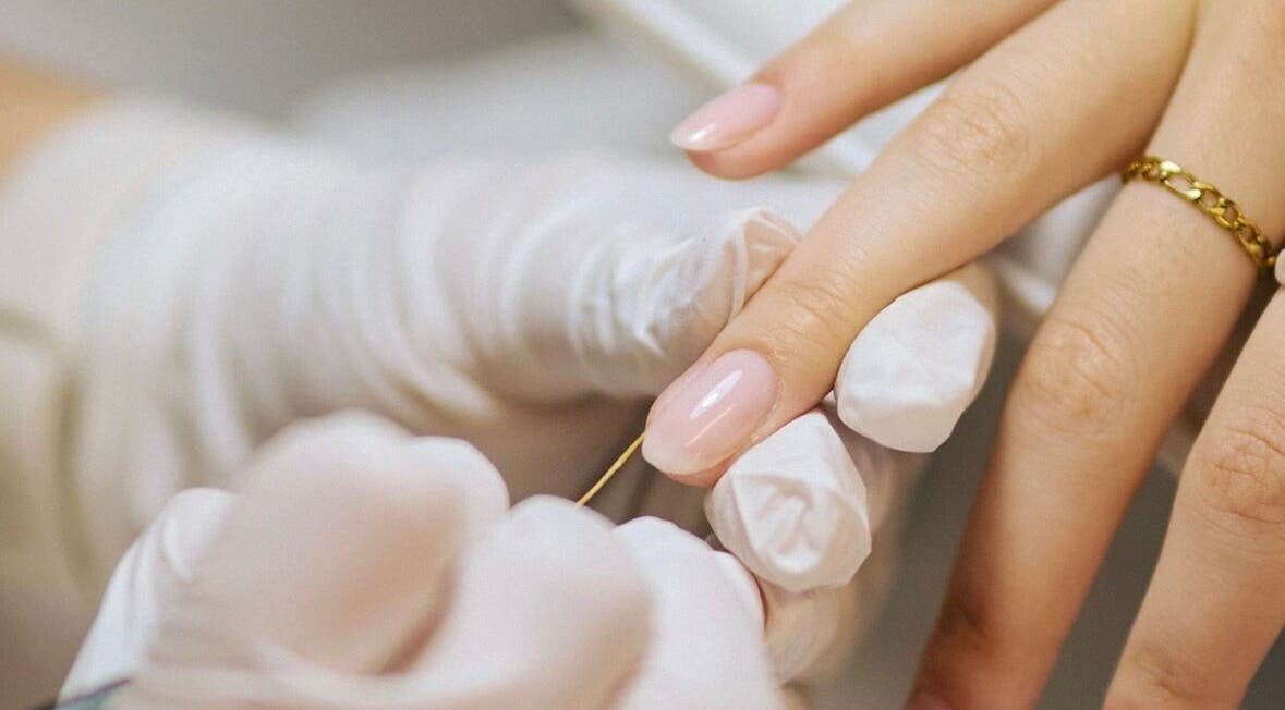 Close-up of a manicure at Set Studio, Manchester, GB showcasing meticulous nail care.