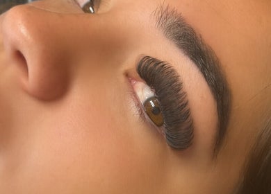 Close-up of voluminous eyelash extensions from Atelier in Stockton-on-tees, England, GB, enhancing eye beauty.