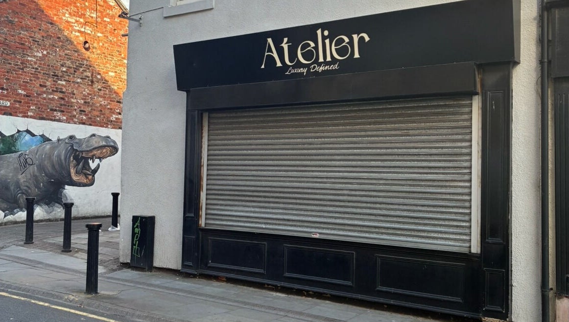 Exterior view of Atelier with closed shutters, Stockton-on-tees, England, GB.