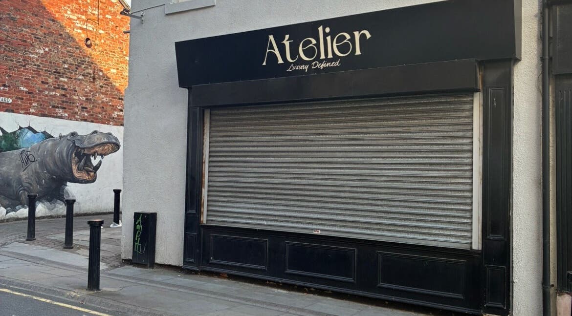 Exterior view of Atelier with closed shutters, Stockton-on-tees, England, GB.