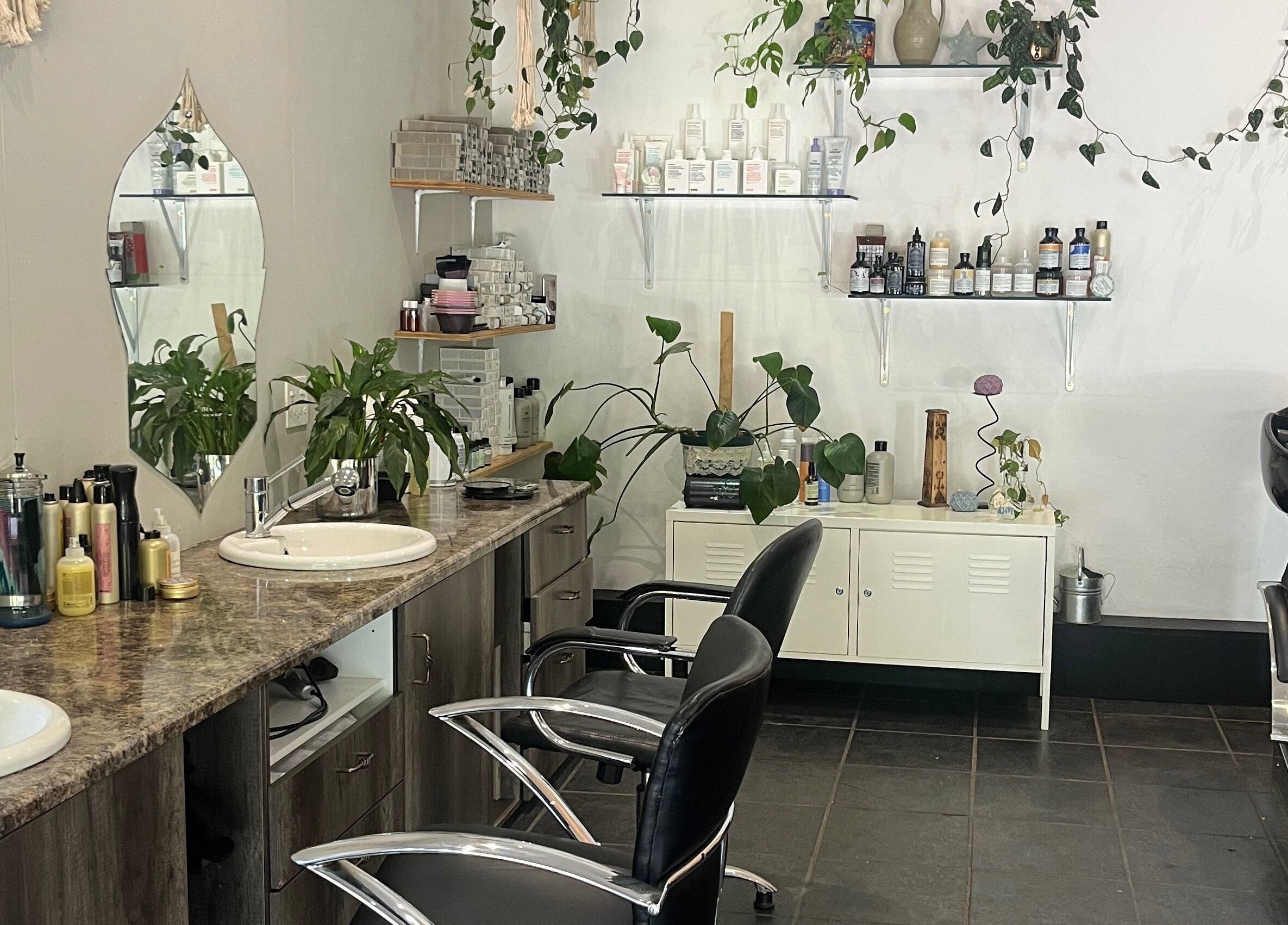 Stylish salon setup at Taryn Lee Hairdressing in Johannesburg, Gauteng, ZA with modern chairs and plant decor.