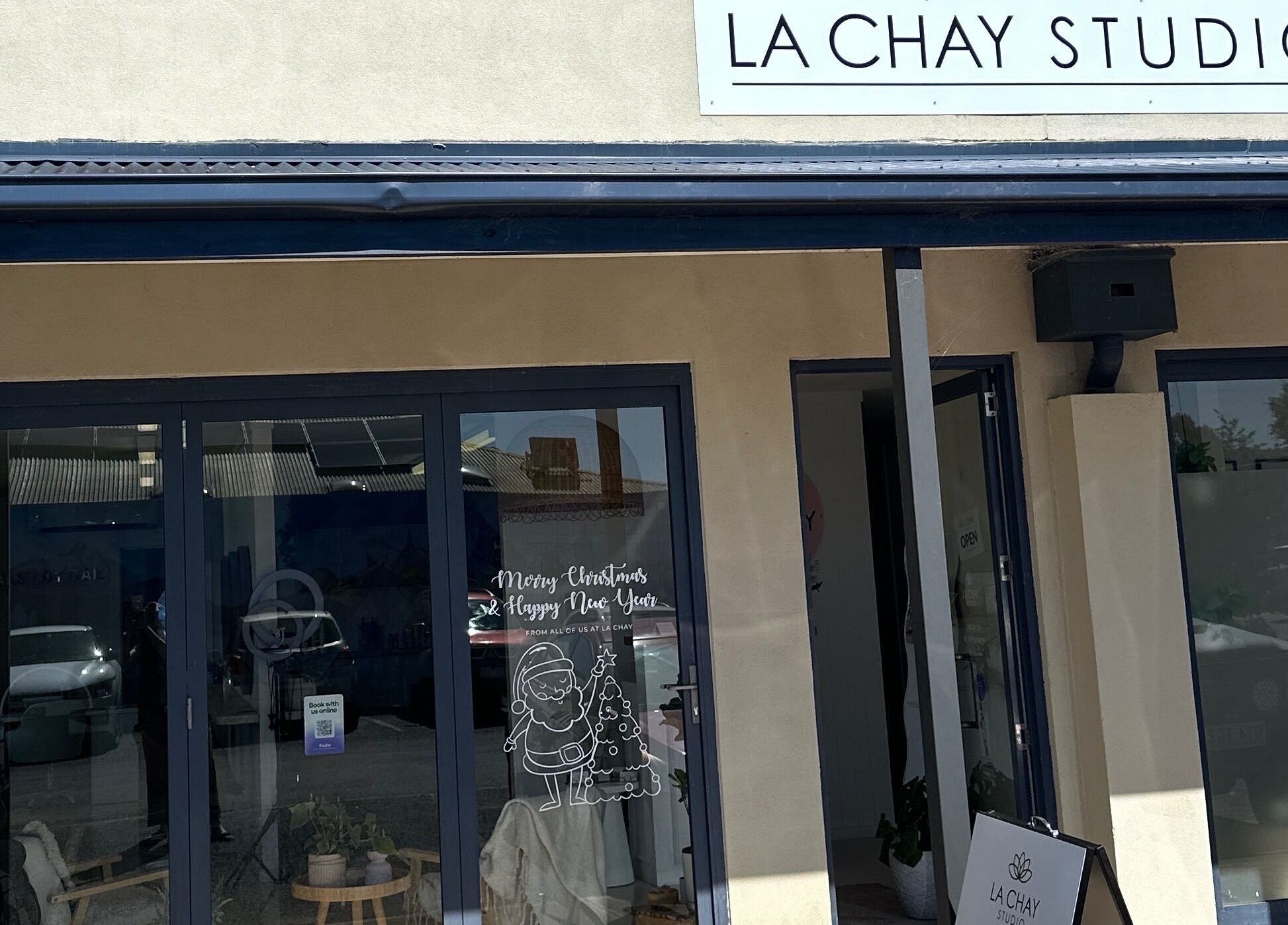 Front entrance of La Chay Studio in Mansfield, Victoria, AU adorned with festive decorations.