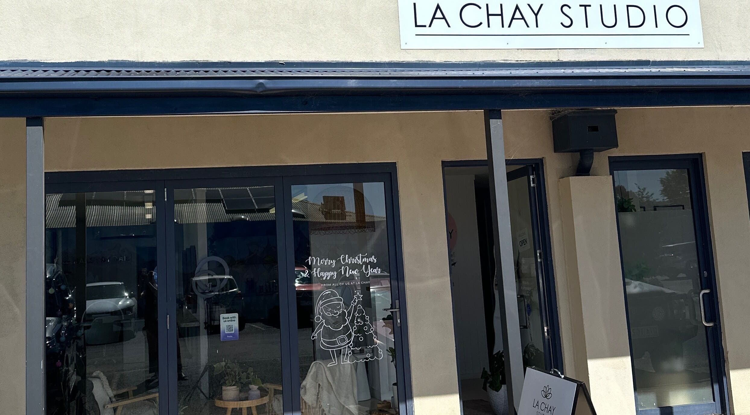 Front entrance of La Chay Studio in Mansfield, Victoria, AU adorned with festive decorations.