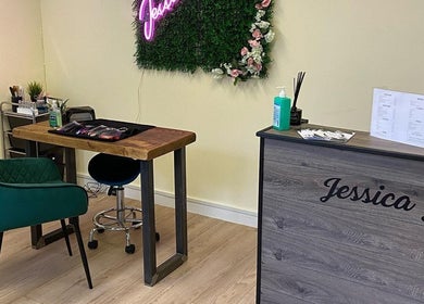 Modern interior of Jessica Jay Salon in Perth, Scotland, GB showcasing nail care station with elegant decor.