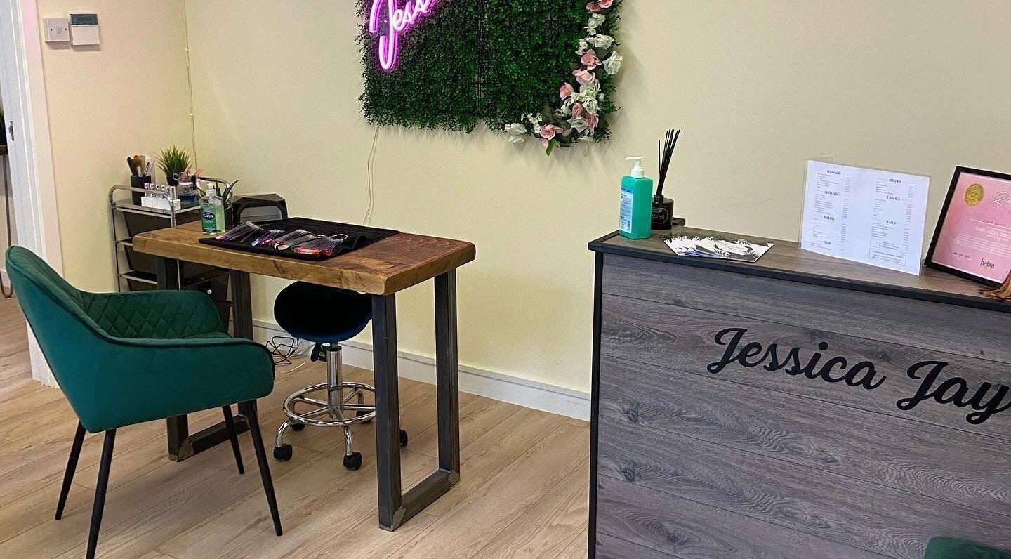 Modern interior of Jessica Jay Salon in Perth, Scotland, GB showcasing nail care station with elegant decor.
