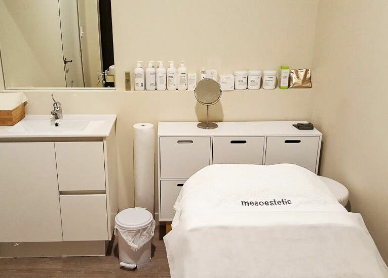 Treatment room at Lvo Beauty Lounge in Victoria Park, Western Australia, AU. Clean, serene atmosphere with skincare products.