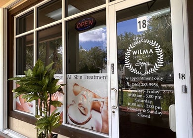 Entrance of Wilma Skin Care in Coconut Creek, Florida, showcasing a welcoming spa environment.