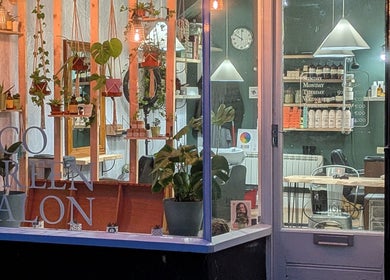 Inviting front view of The Eco Green Salon in Ulverston, England, GB, showcasing plants and eco-friendly decor.