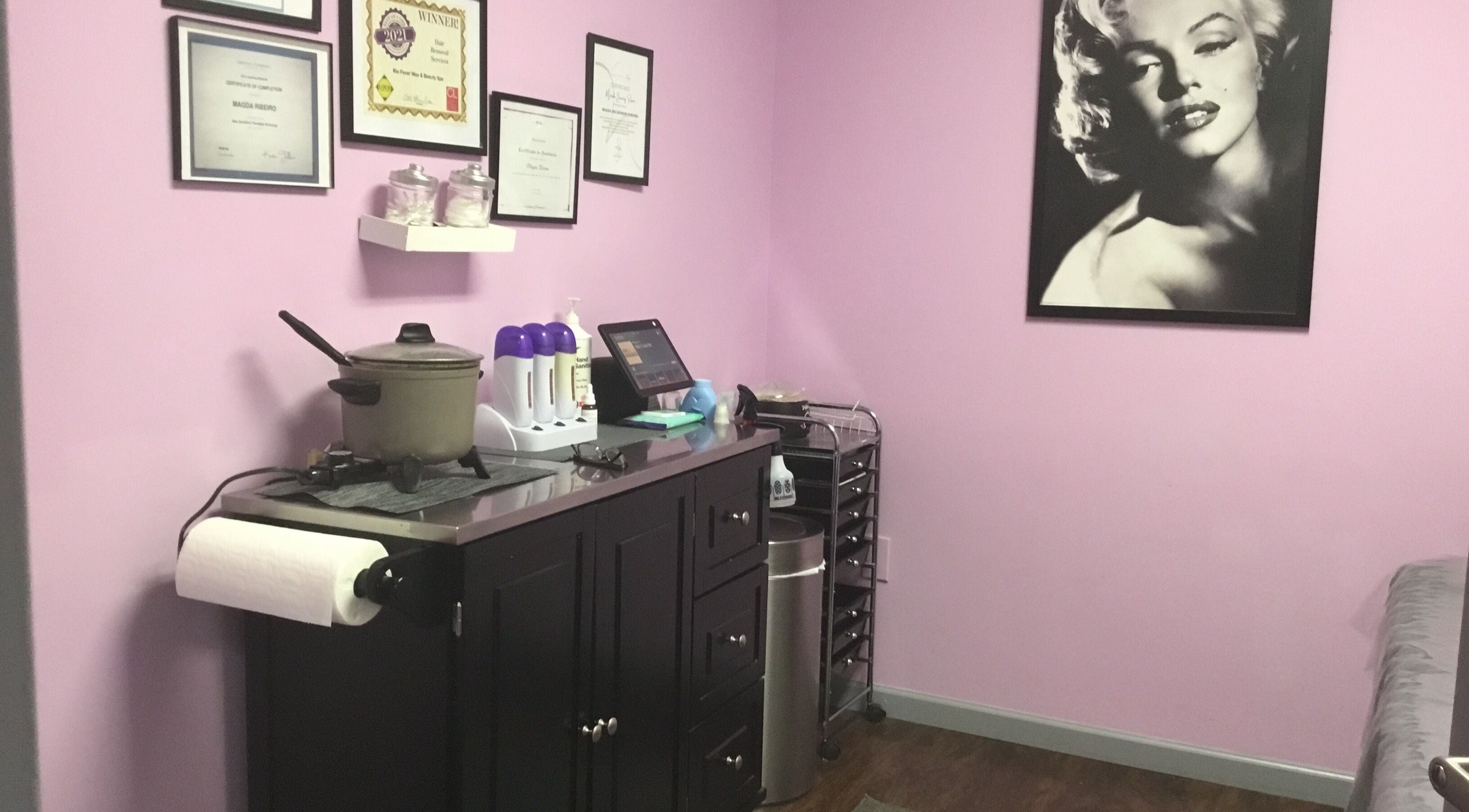 Warm and inviting waxing station at Rio Fever Wax and Beauty Spa in Marietta, Georgia, US with elegant decor.