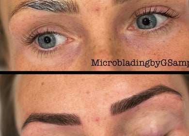 Microblading results at Gayatri Beauty Clinic, Leicester, England, GB, showing enhanced eyebrows.