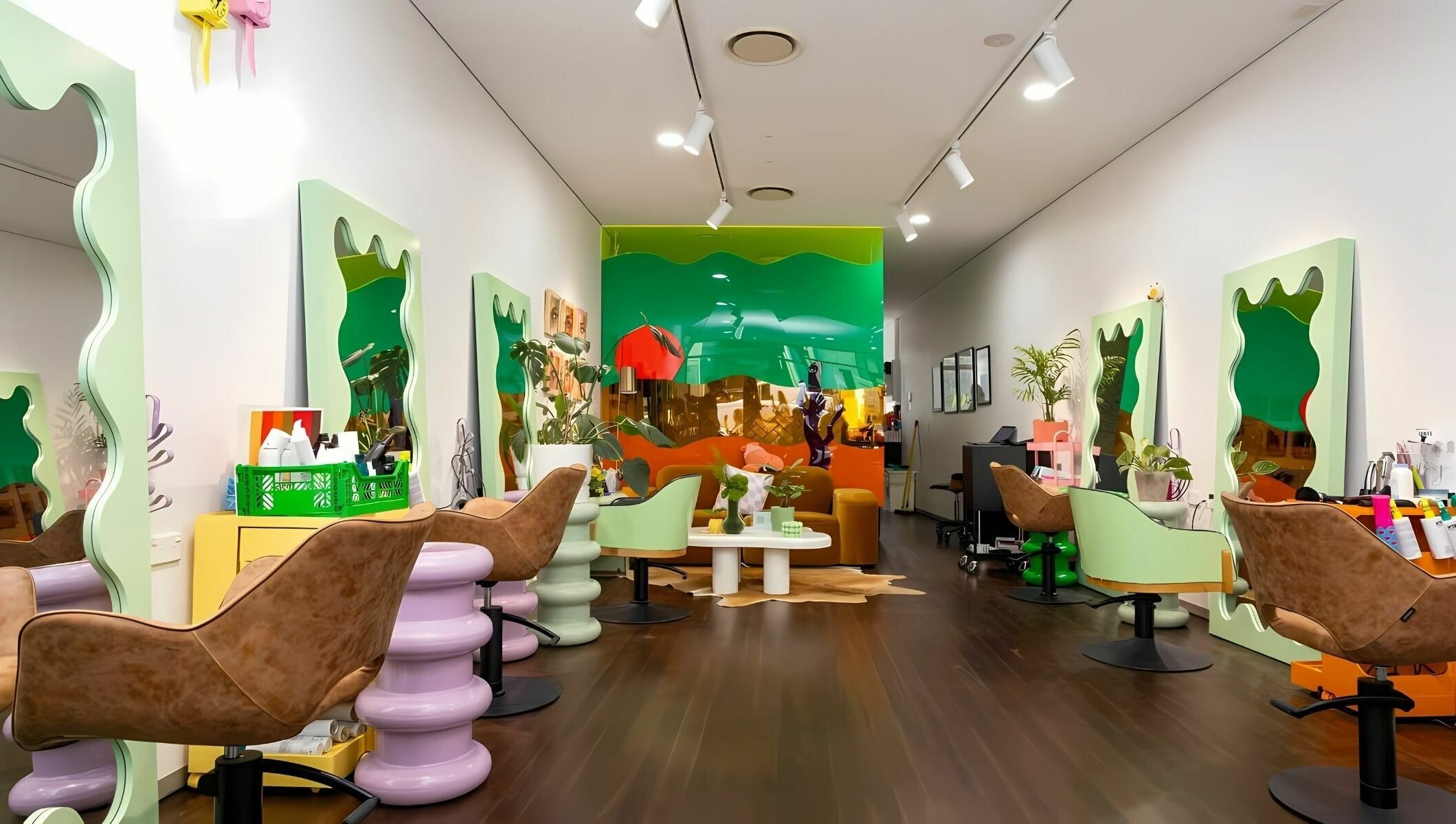 Stylish interior of Dollie and Stella salon in Sydney, Australia, AU with modern chairs and mirrors.