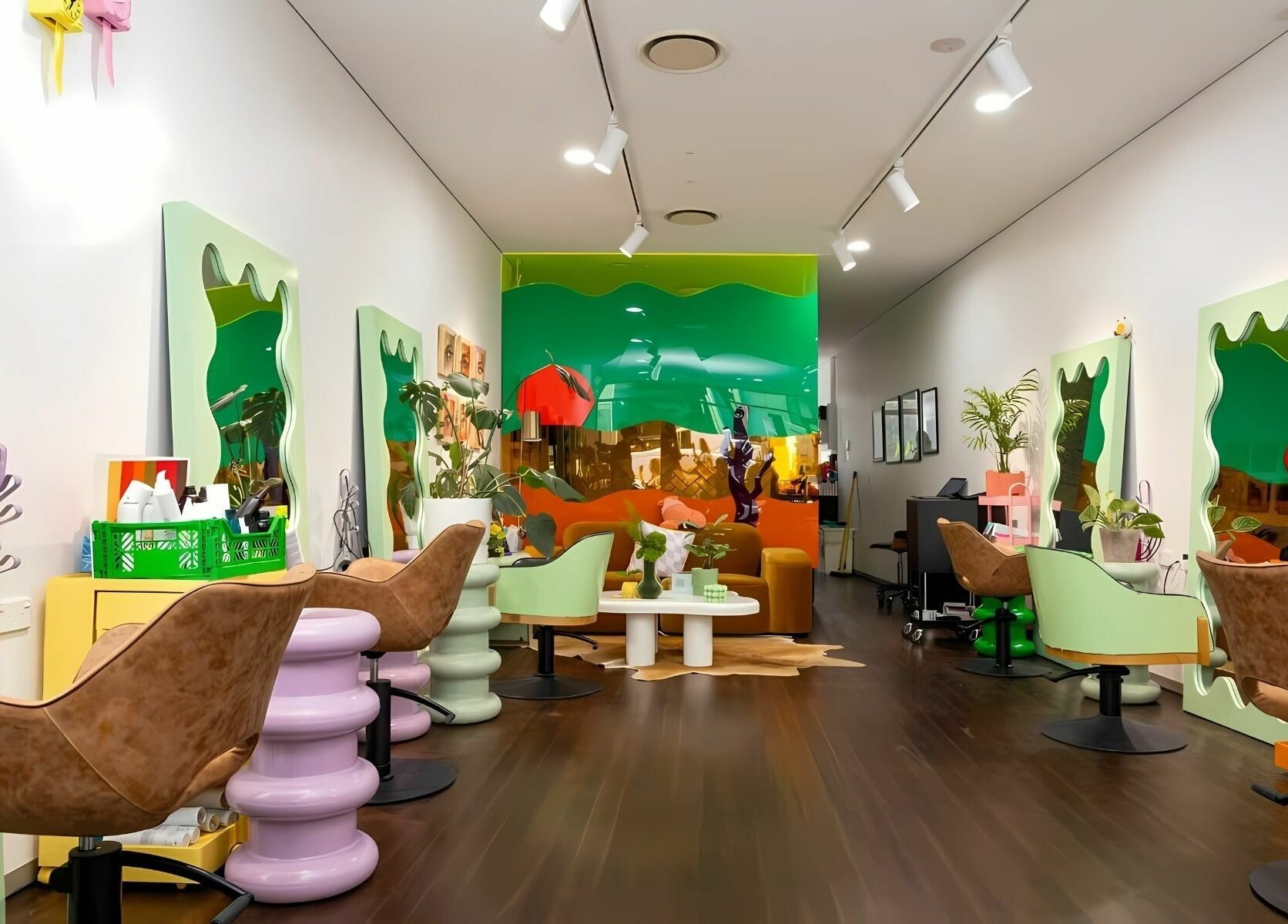 Stylish interior of Dollie and Stella salon in Sydney, Australia, AU with modern chairs and mirrors.