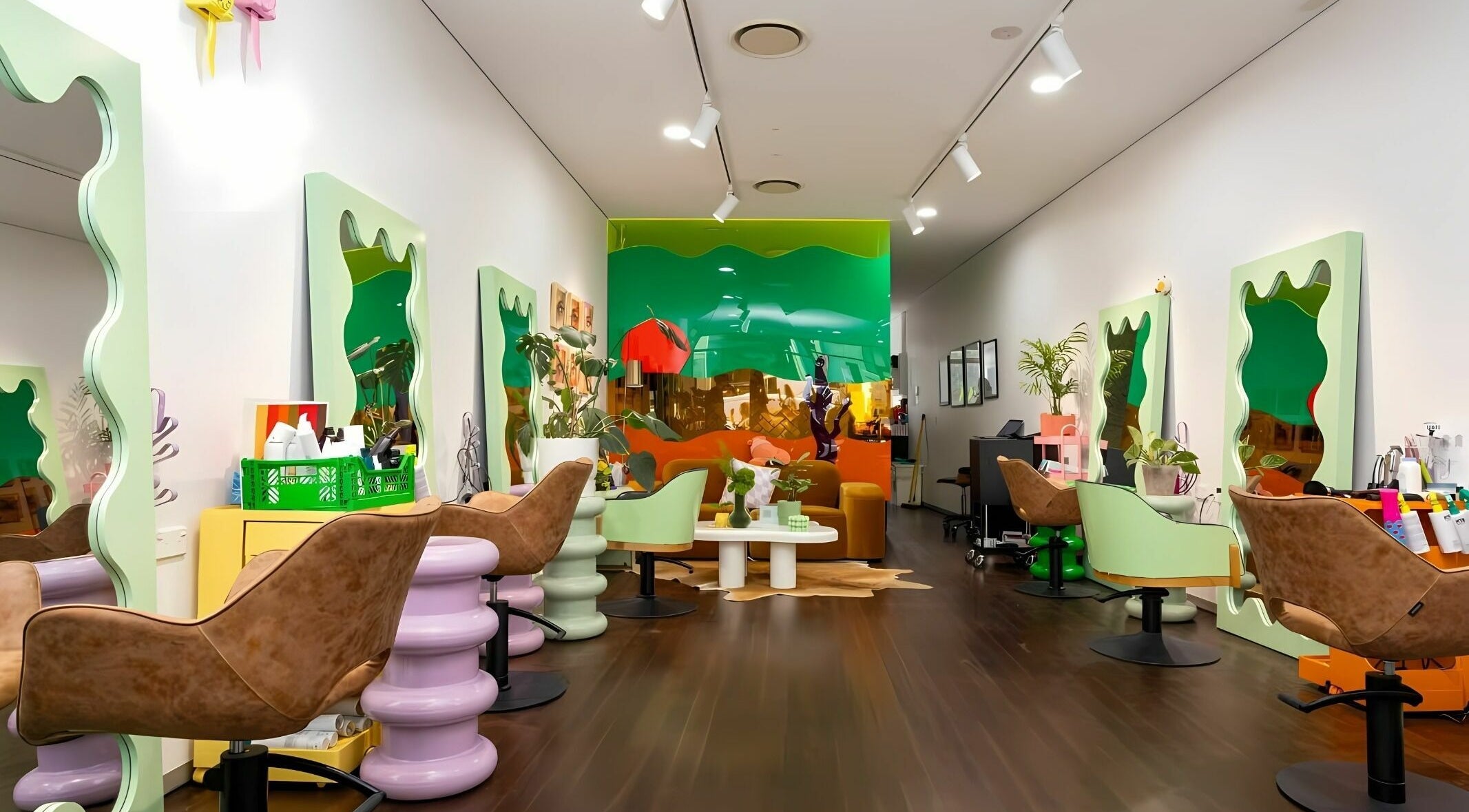 Stylish interior of Dollie and Stella salon in Sydney, Australia, AU with modern chairs and mirrors.