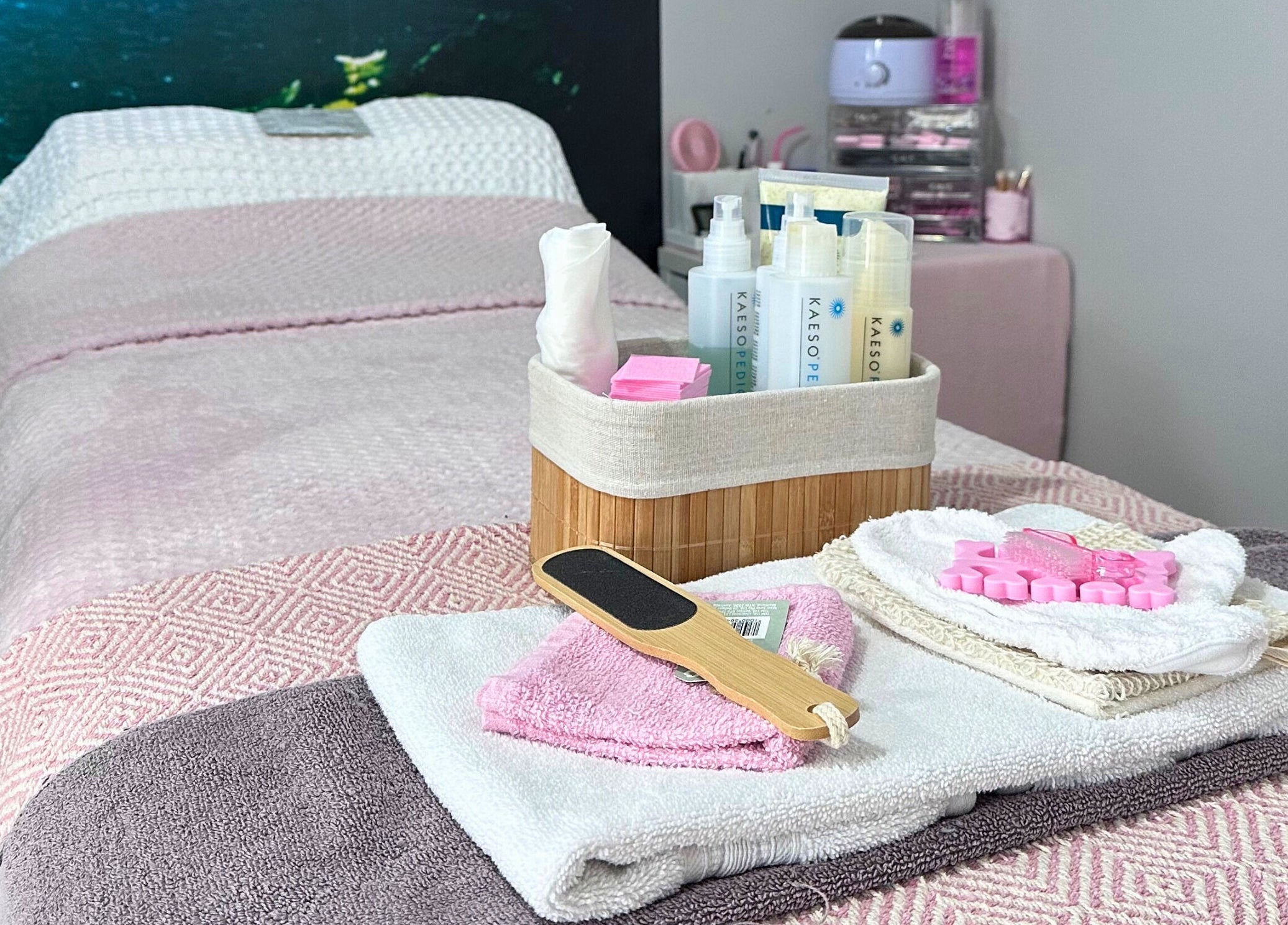 Luxurious spa setup at The Nail Haven | Barry, featuring plush towels and nail care products in Barry, Wales, GB.