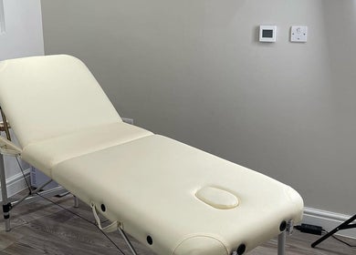 Relaxation bed at LR Skin & Aesthetics in Leicester, England, GB, showcasing a tranquil therapy setting.