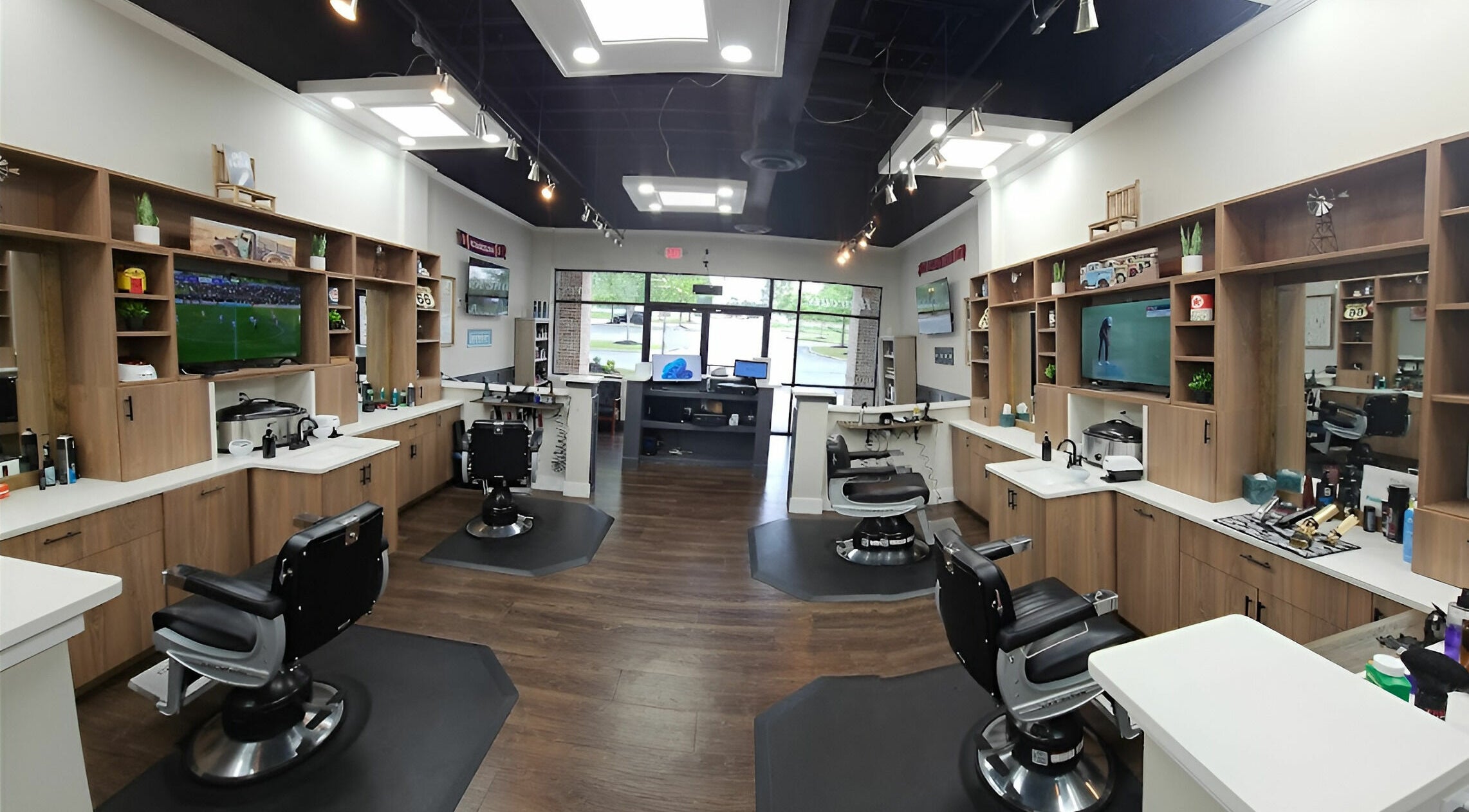 Elegant interior of Lux Barbershop in Alpharetta, Georgia, US featuring stylish barber chairs and modern decor.