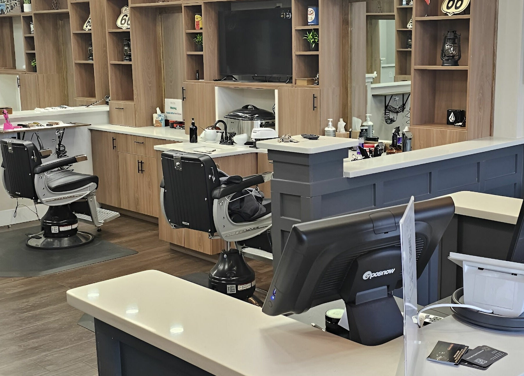 Interior of Lux Barbershop in Alpharetta, Georgia, US with modern barber chairs and clean design.