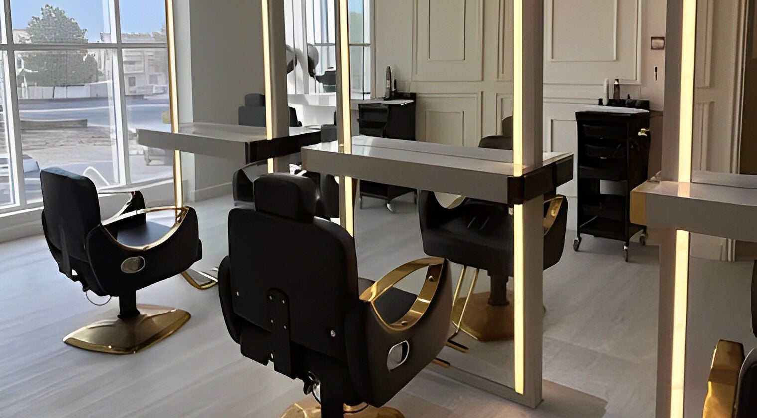 Modern salon chairs at Assort Spa & Beauty Salon, Muscat, Muscat Governorate, OM with warm lighting.