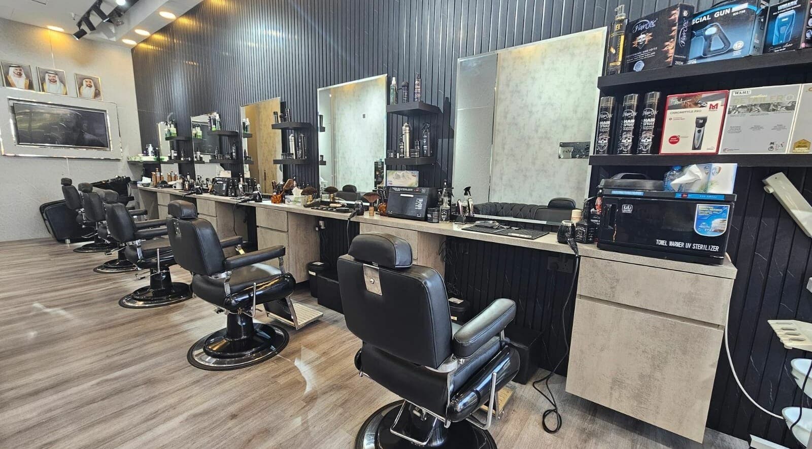 Modern barber chairs at Soledair Gents Salon, Dubai, Dubai, AE, showcasing sleek elegance and style.