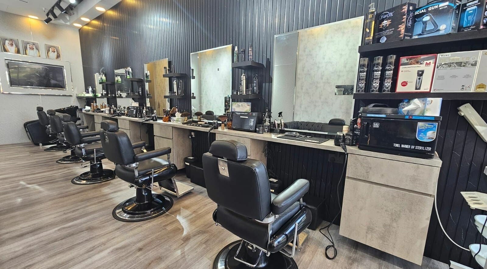 Modern barber chairs at Soledair Gents Salon, Dubai, Dubai, AE, showcasing sleek elegance and style.