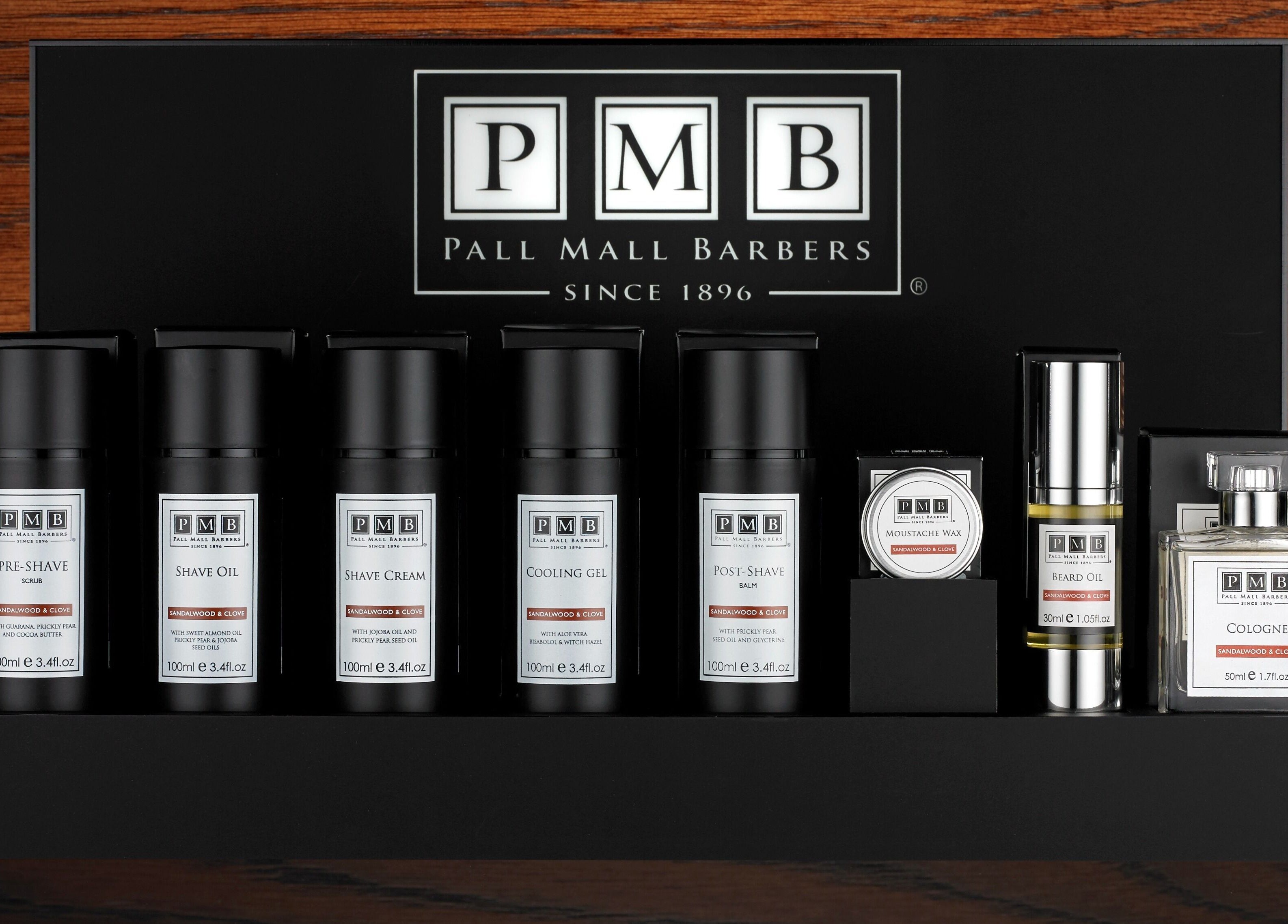 Pall Mall Barbers NYC grooming products on display in New York, New York, US, featuring shave oils and creams.
