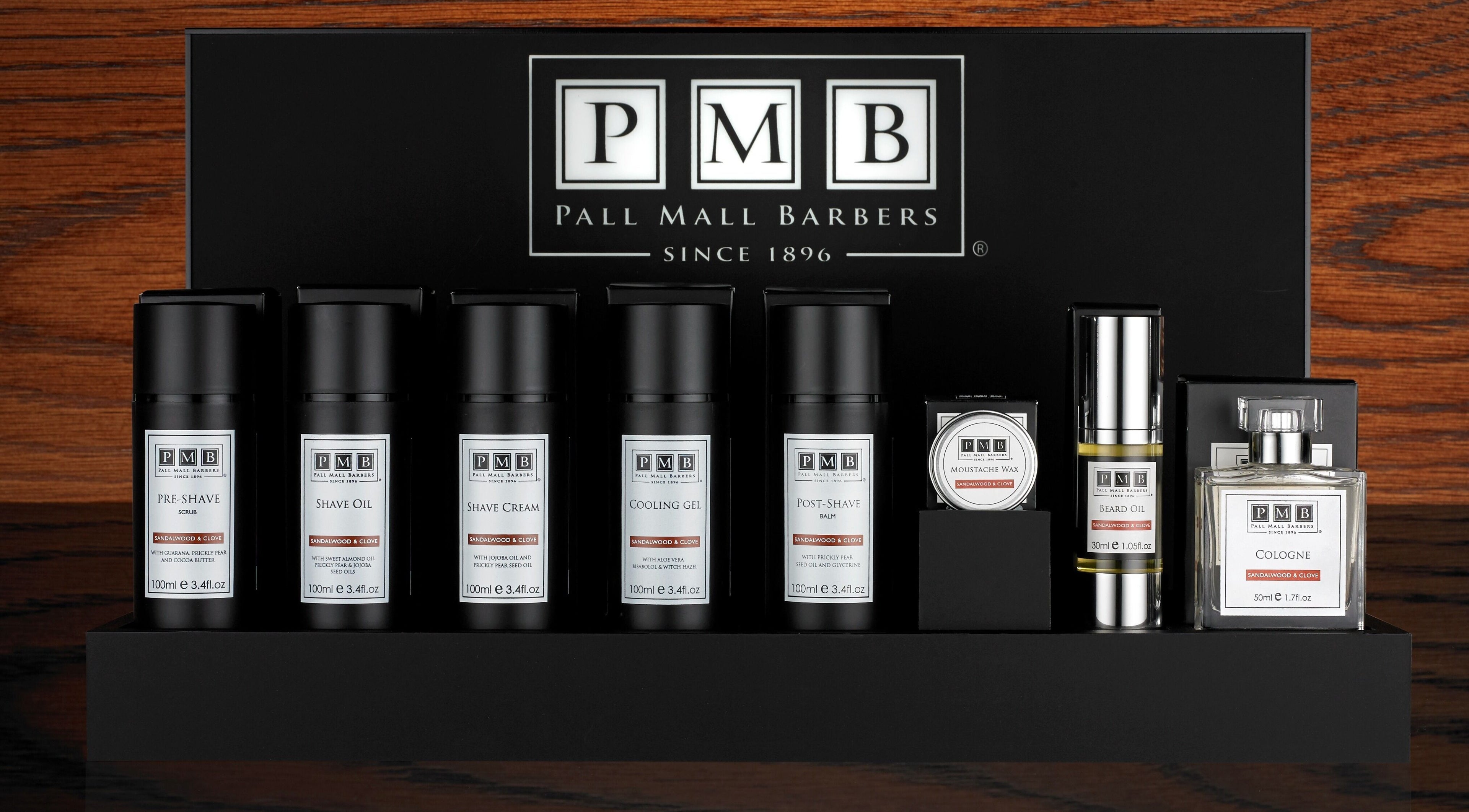 Pall Mall Barbers NYC grooming products on display in New York, New York, US, featuring shave oils and creams.