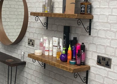 Stylish beauty shelves with products at House of Hair, Nottingham, England, GB.