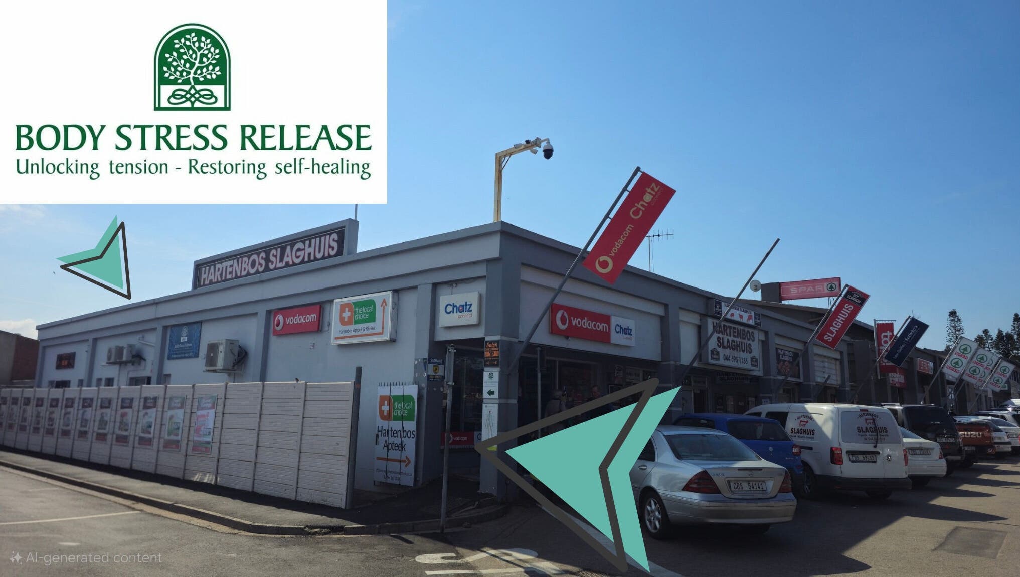 Hartenbos Body Stress Release venue in Mossel Bay, Western Cape, ZA, showcasing building exterior and signage.