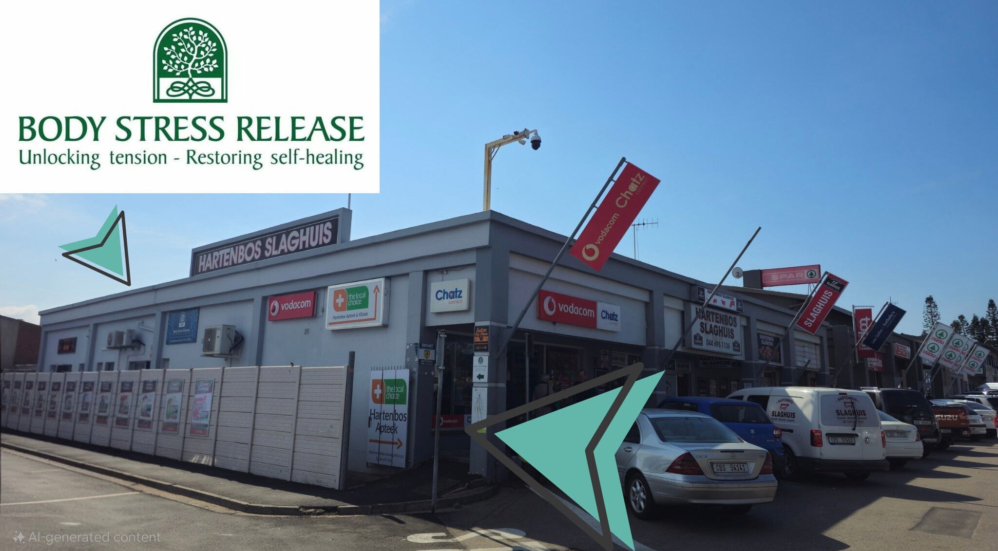 Hartenbos Body Stress Release venue in Mossel Bay, Western Cape, ZA, showcasing building exterior and signage.