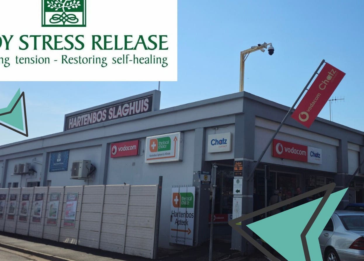 Front view of Hartenbos Body Stress Release in Mossel Bay, Western Cape, ZA, showcasing business signs.