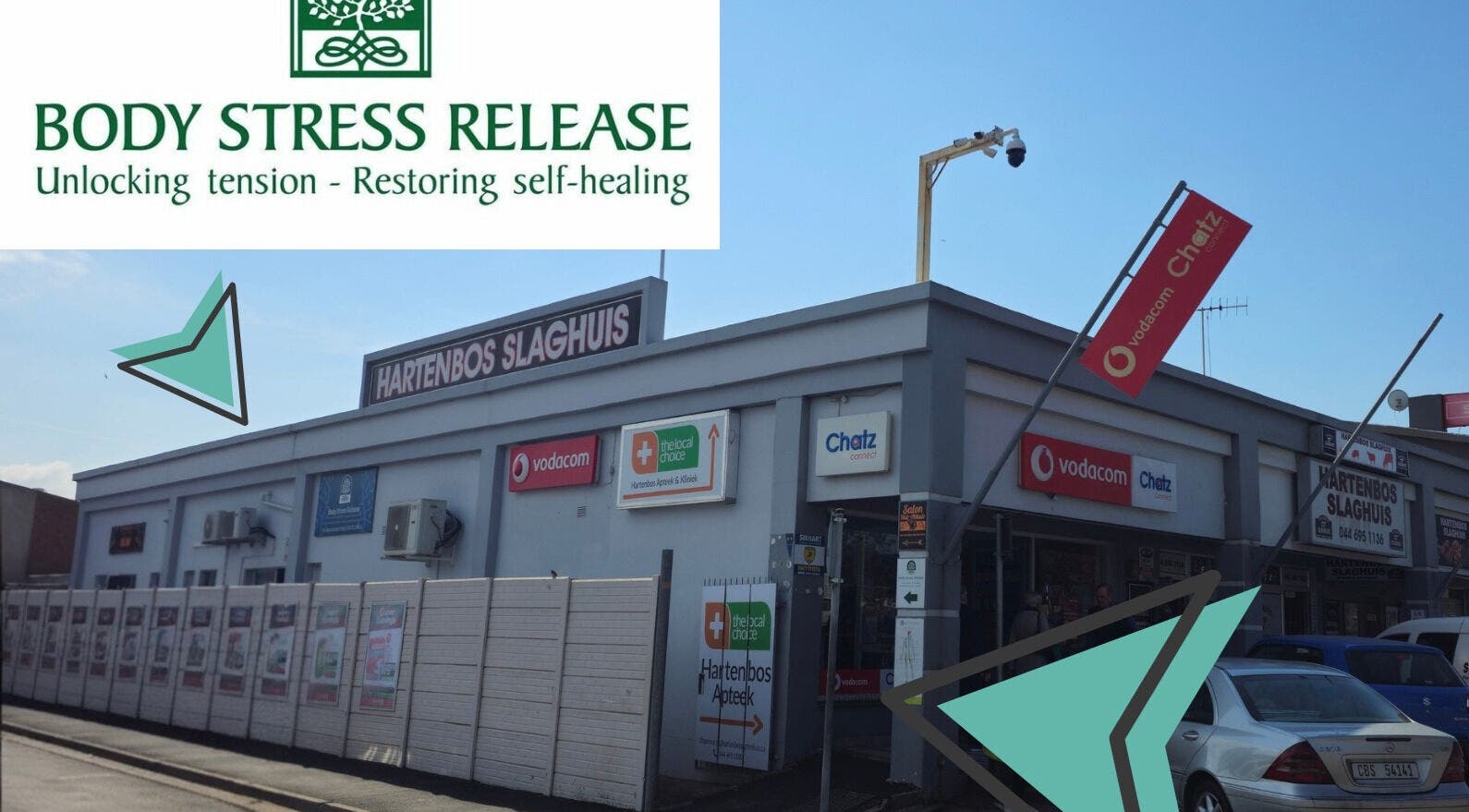 Front view of Hartenbos Body Stress Release in Mossel Bay, Western Cape, ZA, showcasing business signs.