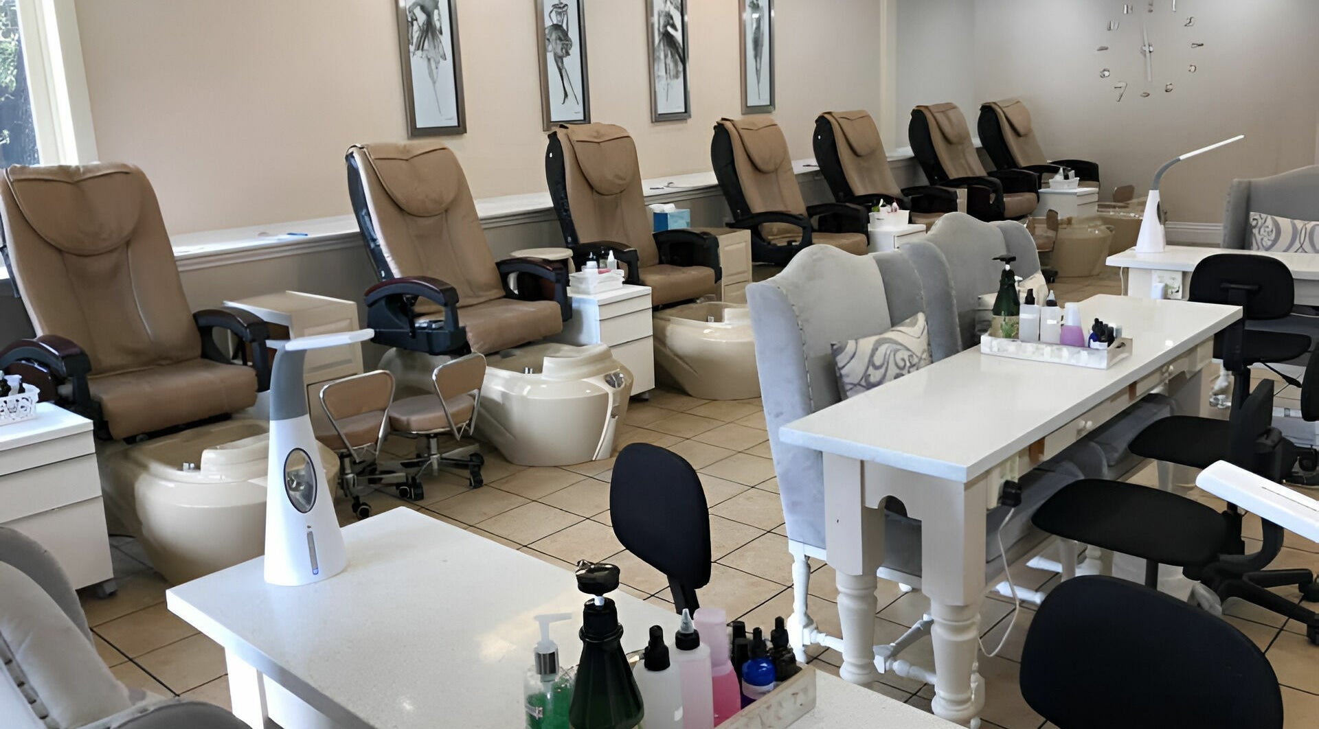 Interior of Danville Pinkies Nail Studio with plush chairs in Danville, California, US.
