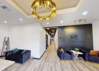 Elegant lounge at Killer Nails by Ness, featuring chic furniture in Modesto, California, US.