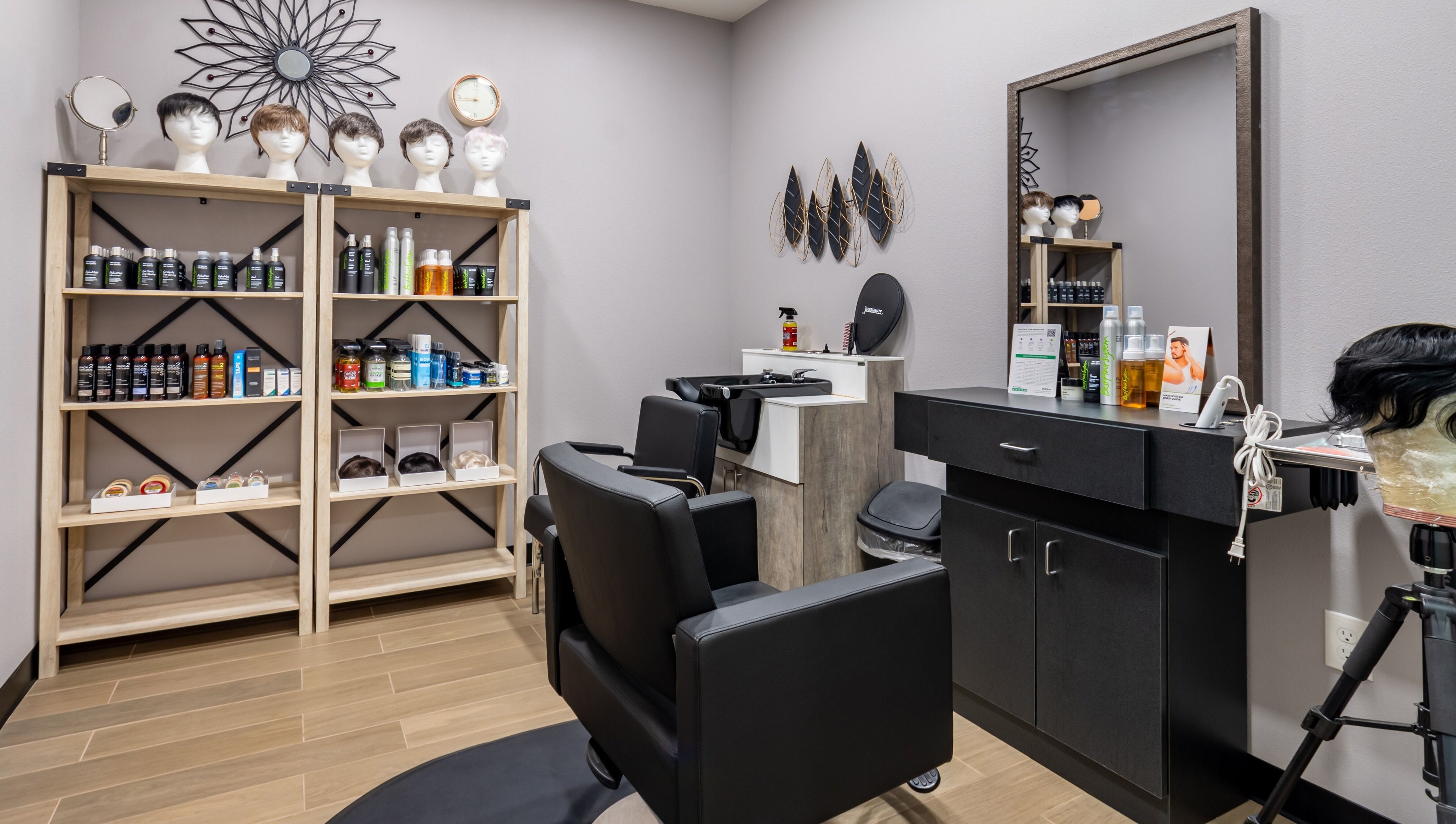 Modern hair styling station at Best Hair System in Rancho Cucamonga, California, US featuring products and tools.